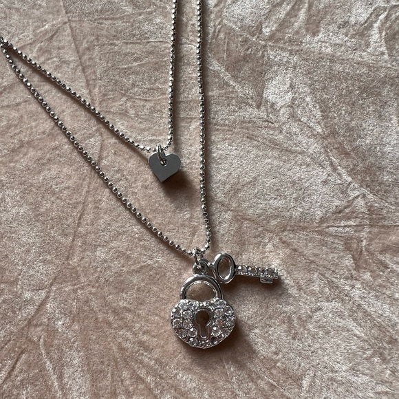 Double Chain, Layering Lock & Key Necklace (Silver) - Picture 2 of 7